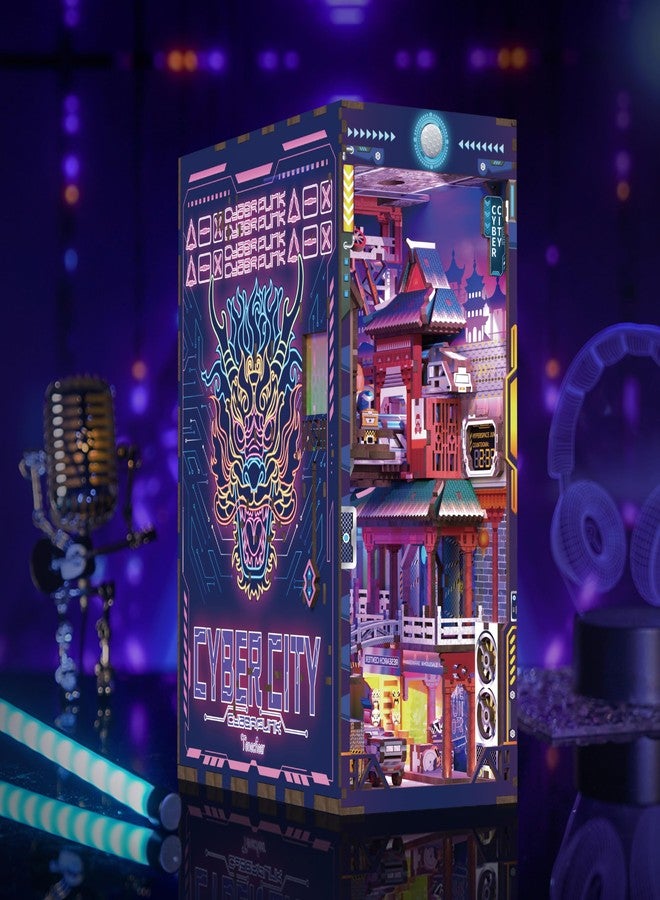 Hands Craft DIY Book Nook Kit - Cyber City Miniature Puzzle - Neon-Lit Cyberpunk Decor with Oriental Elements, Precision-Cut Wooden Pieces & LED Lights, Creative Craft Kit & Gift - Image 3